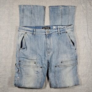 Serenede Mens Stacked Denim Carpenter Jeans Light Wash Blue Distressed Size 36